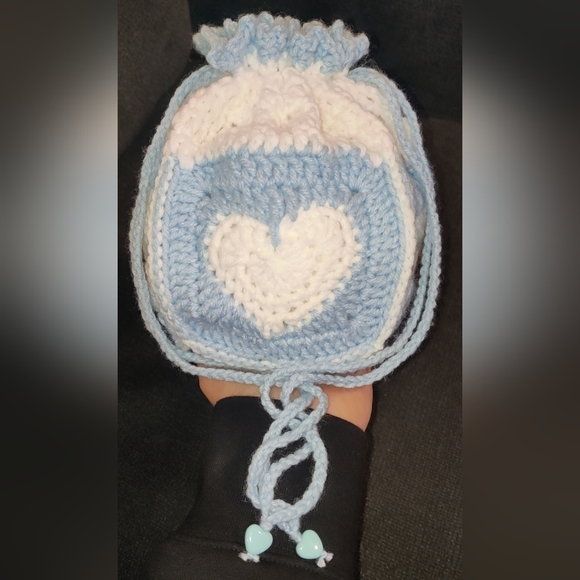 Handbags - 🩵 Crocheted Heart Granny Square Drawstring Pouch 🩵